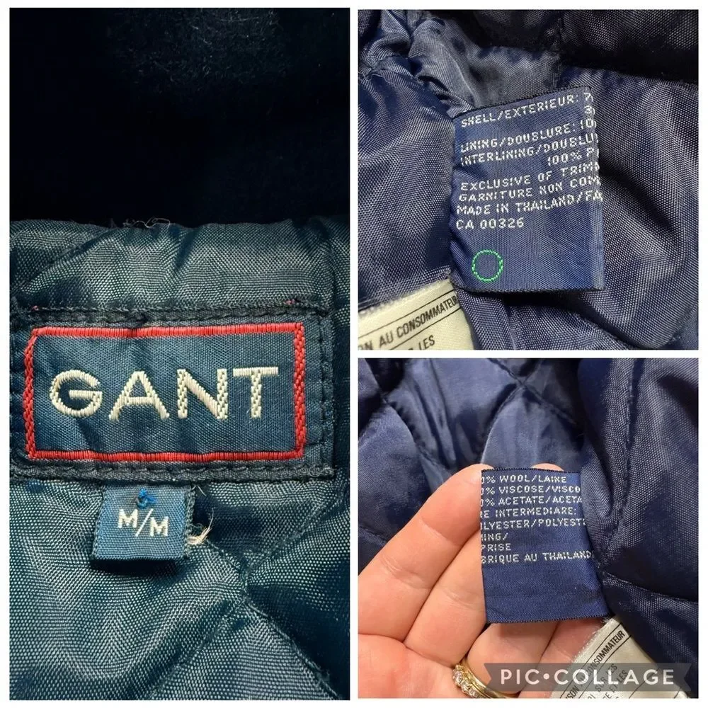 Vintage Gant Heavy Wool Bomber Jacket Quilted Lining Winter Navy Blue Men’s Sz M